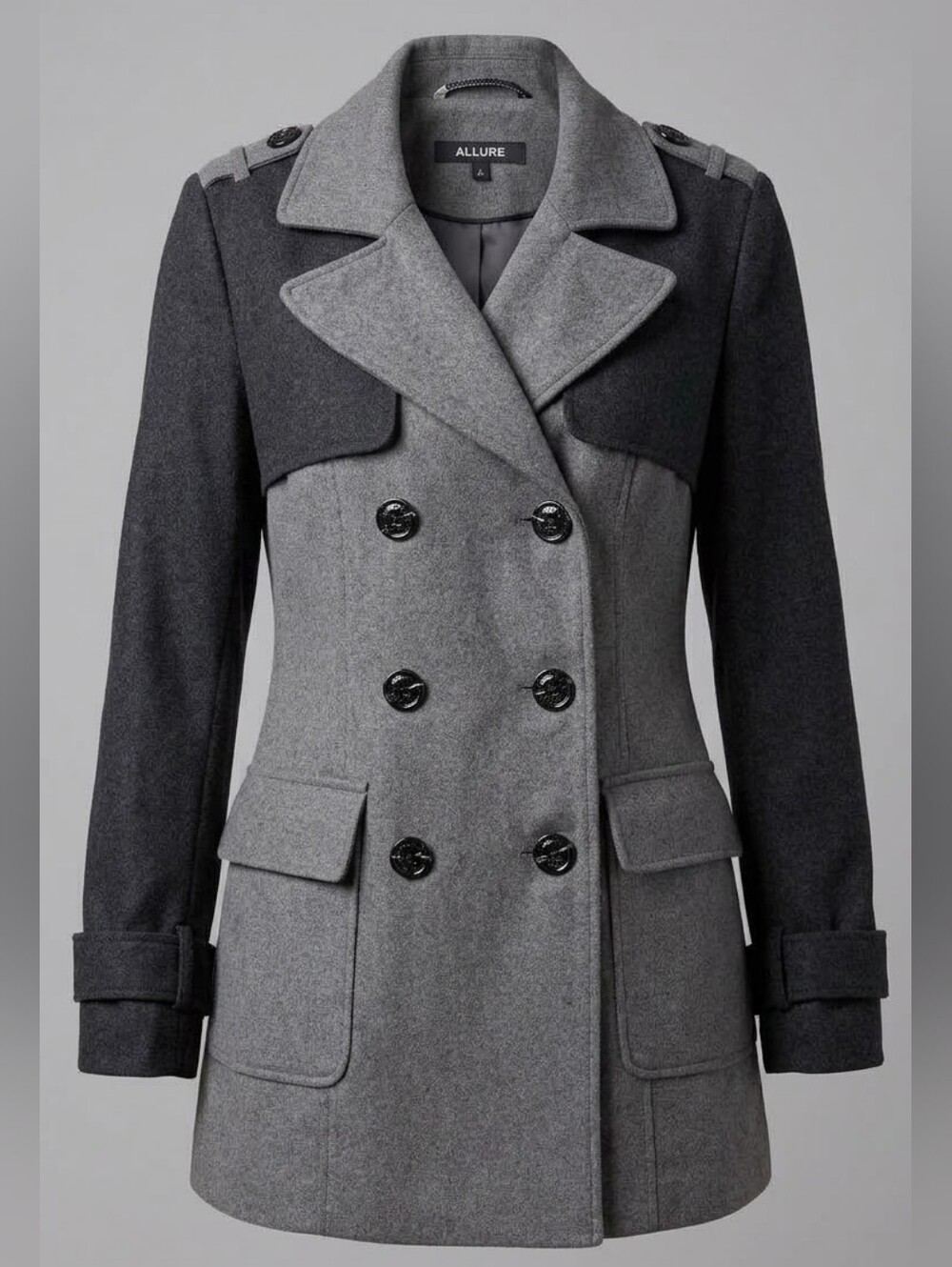 Attitude JayManuel Double Breasted Two-Tone Grey Military Pea Coat Wool Women 12